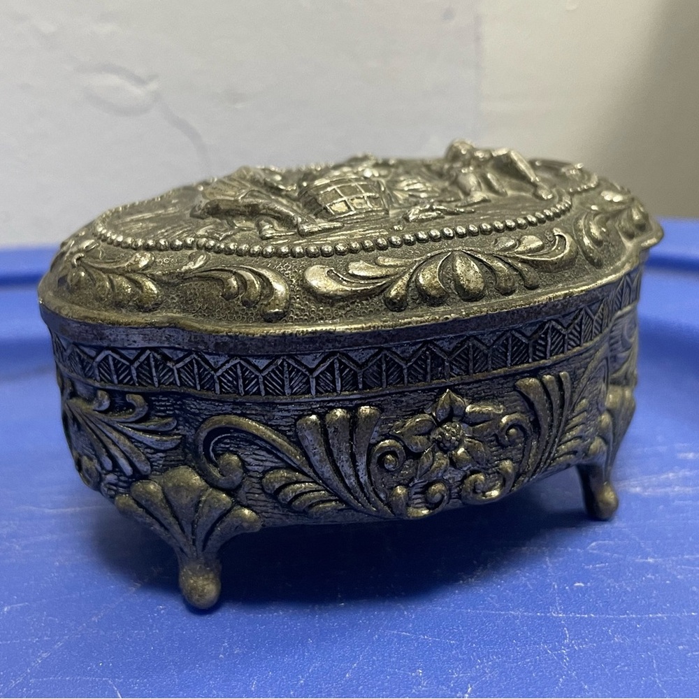 Rare Find Vintage Mini silver embossed oval trinket box with filigree, Japanese